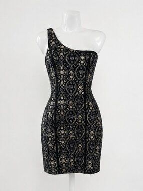 Custom Handmade One-Sholder Black & Silver Embroidered Mini Dress